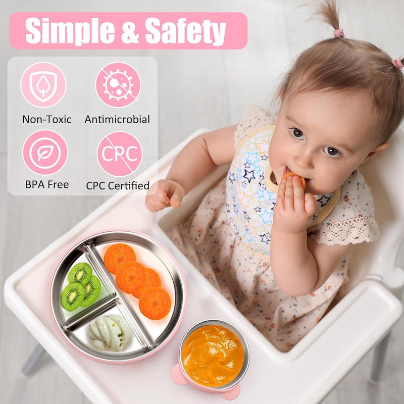 mislili Stainless Steel Kids Plates and Bowls with Suction, Divided Baby Plate and Toddler Bowl with Removable Silicone Suction, Non-Slip Baby Feeding Set Dishwasher Safe, 4 Packs - Image 5